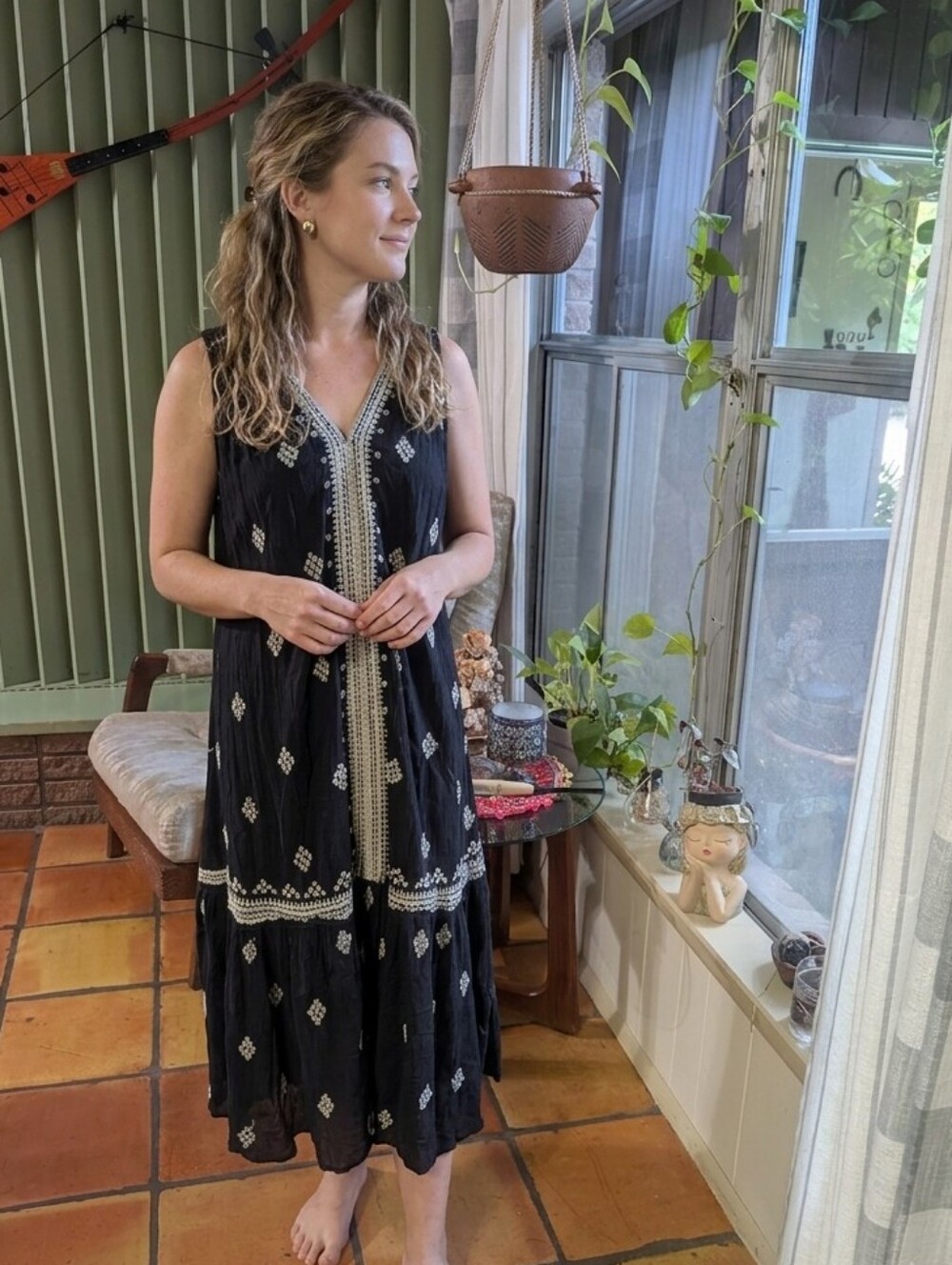 Free People Black Dress With White Embroidery.